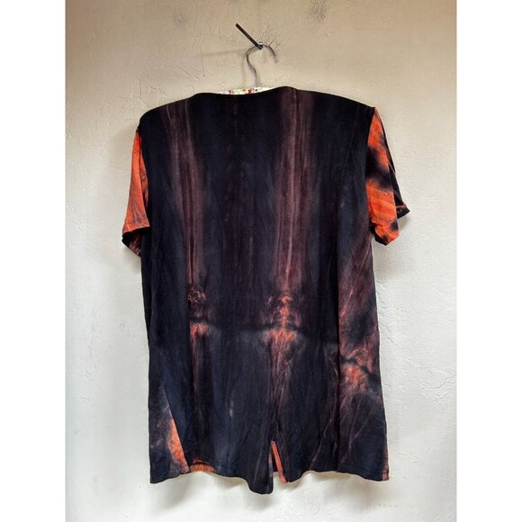 Hagara Israel Women's V-Neck Tie-Dye Tee Shirt Size 2 Short Sleeve Black/Orange - Picture 2 of 8